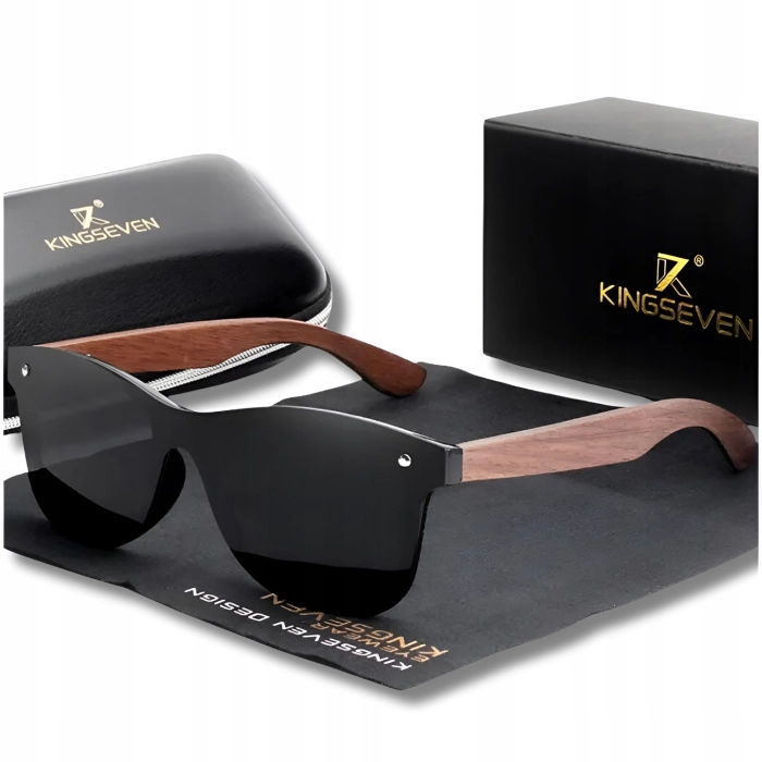 Okulary przeciwsłoneczne drewniane męskie Kingseven z polaryzacją + Etui (Czarne)
