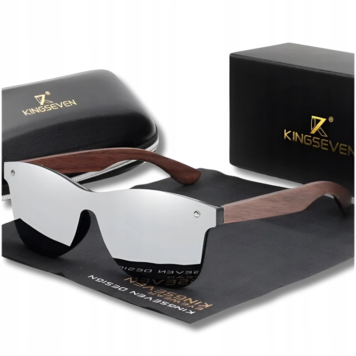 Okulary przeciwsłoneczne drewniane męskie Kingseven z polaryzacją + Etui (Srebrne)
