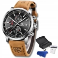 Zegarek męski skórzany Benyar - klasyczny i elegancki z chronografem + Pudełko (Srebrno-czarny)