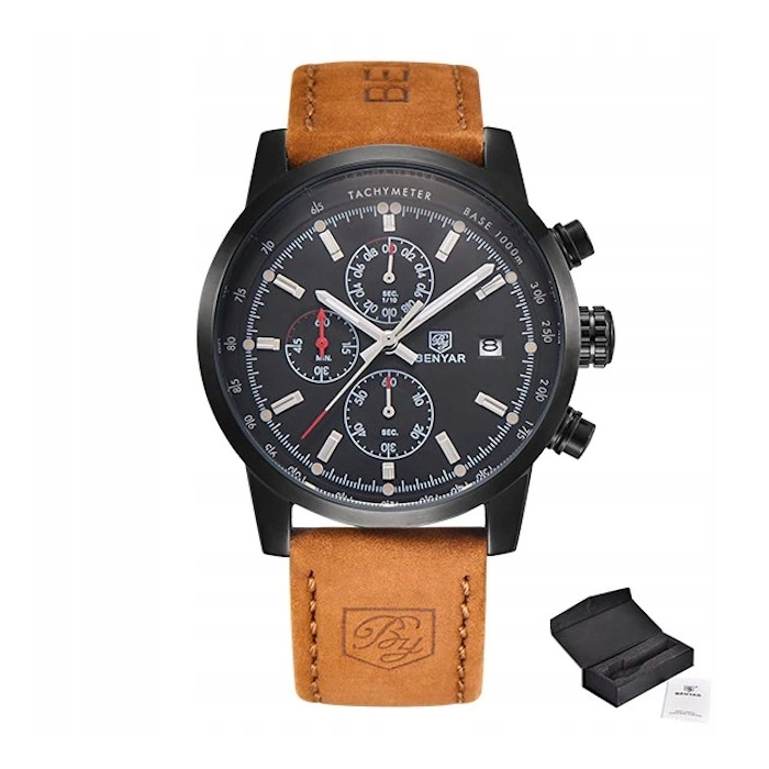 Zegarek męski skórzany Benyar - klasyczny i elegancki z chronografem + Pudełko (Srebrno-czarny)