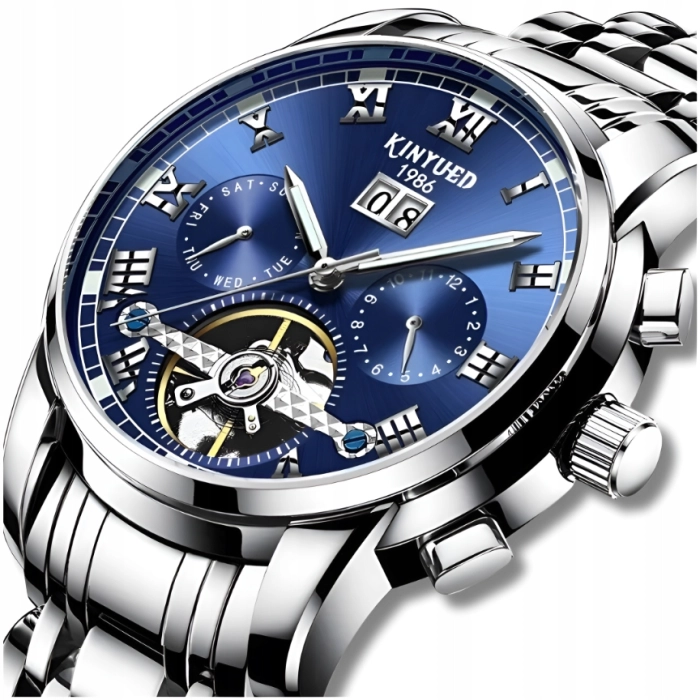 Zegarek mechaniczny automatyczny Kinyued - luksusowy z bransoletą + Pudełko (Srebrno-niebieski)