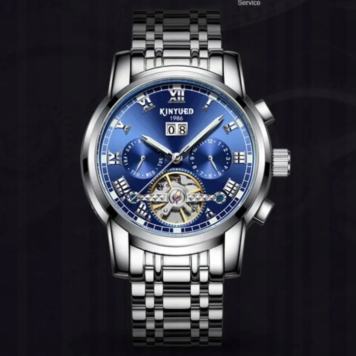 Zegarek mechaniczny automatyczny Kinyued - luksusowy z bransoletą + Pudełko (Srebrno-niebieski)