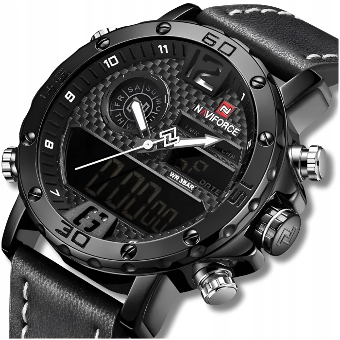 Zegarek męski Naviforce skórzany pasek - klasyczny z datownikiem i stoperem (Czarno-biały)