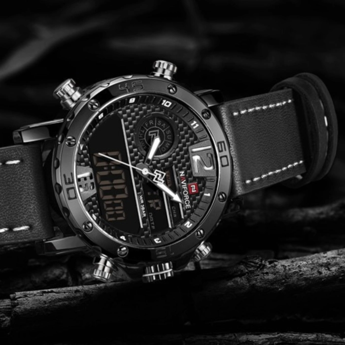 Zegarek męski Naviforce skórzany pasek - klasyczny z datownikiem i stoperem (Czarno-biały)