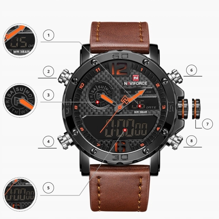 Zegarek męski Naviforce skórzany pasek - klasyczny z datownikiem i stoperem (Czarno-biały)