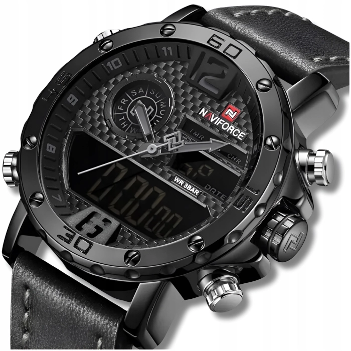 Zegarek męski Naviforce skórzany pasek - klasyczny z datownikiem i stoperem (Czarny)