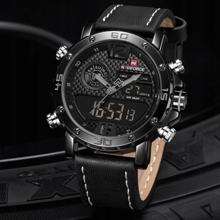 Zegarek męski Naviforce skórzany pasek - klasyczny z datownikiem i stoperem (Czarny)