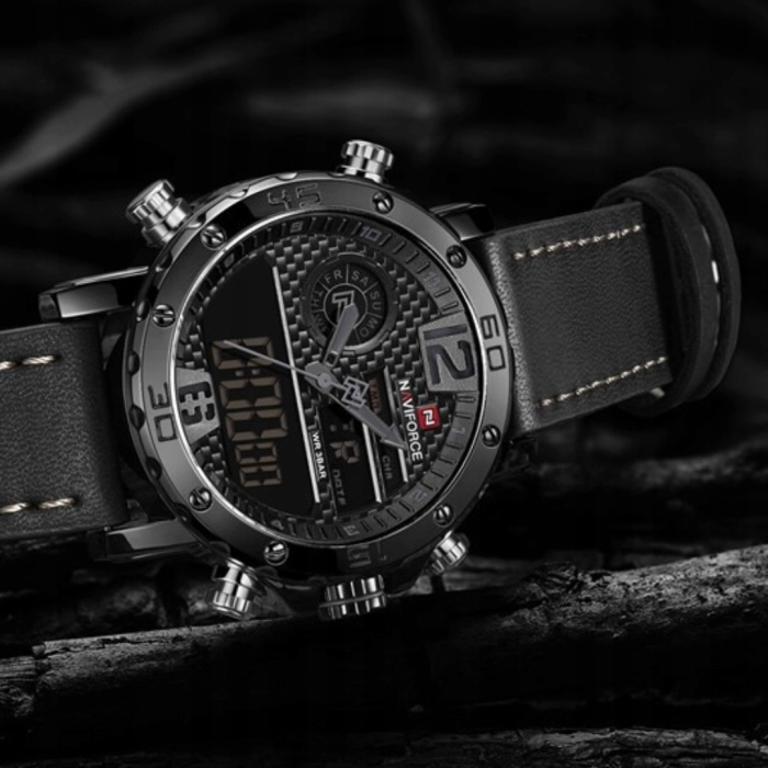 Zegarek męski Naviforce skórzany pasek - klasyczny z datownikiem i stoperem (Czarny)