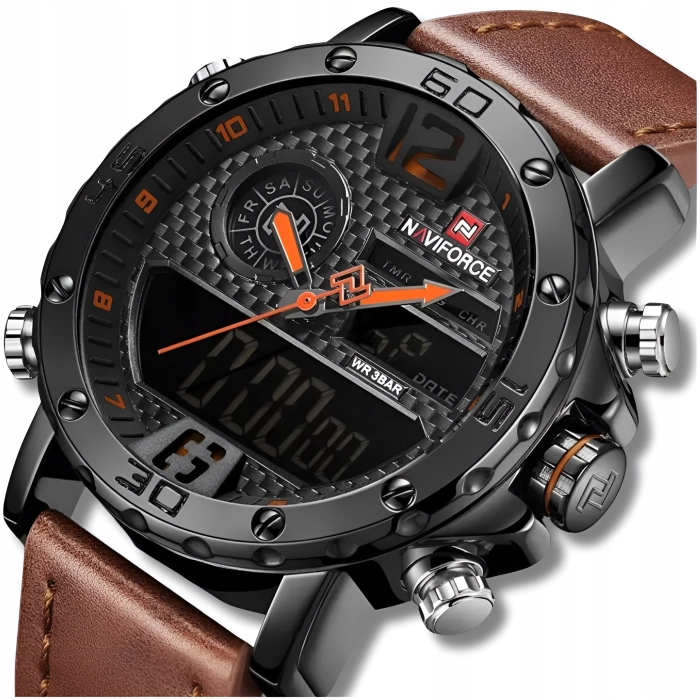 Zegarek męski Naviforce skórzany pasek - klasyczny z datownikiem i stoperem (Czarno-pomarańczowy)