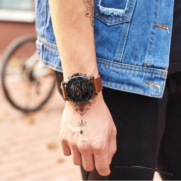 Zegarek męski Naviforce skórzany pasek - klasyczny z datownikiem i stoperem (Czarno-pomarańczowy)