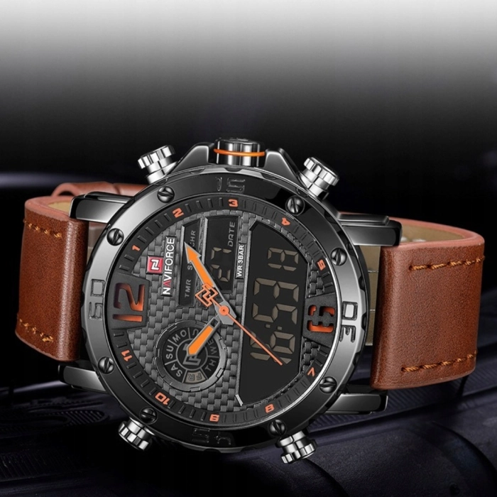 Zegarek męski Naviforce skórzany pasek - klasyczny z datownikiem i stoperem (Czarno-pomarańczowy)