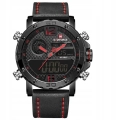 Zegarek męski Naviforce skórzany pasek - klasyczny z datownikiem i stoperem (Czarno-czerwony)