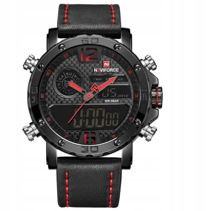 Zegarek męski Naviforce skórzany pasek - klasyczny z datownikiem i stoperem (Czarno-czerwony)