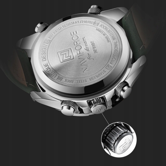 Zegarek męski Naviforce skórzany - analogowo-cyfrowy z datownikiem i stoperem (Zielony)