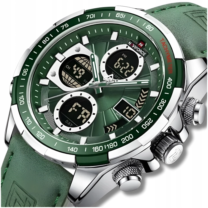 Zegarek męski Naviforce skórzany - analogowo-cyfrowy z datownikiem i stoperem (Zielony)