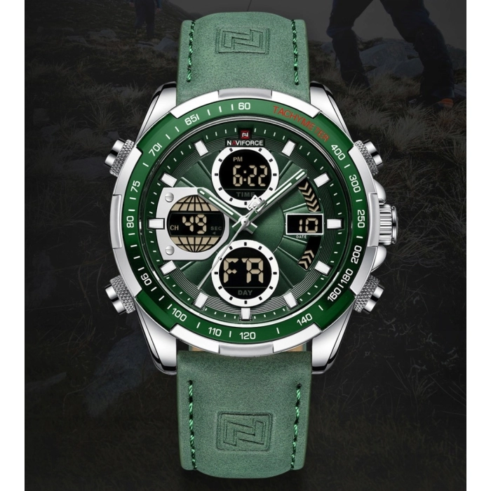 Zegarek męski Naviforce skórzany - analogowo-cyfrowy z datownikiem i stoperem (Zielony)