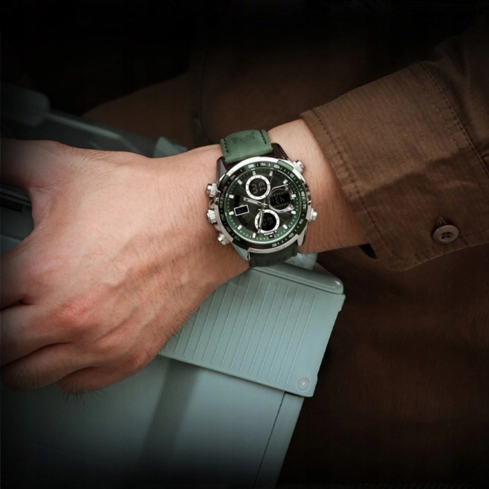 Zegarek męski Naviforce skórzany - analogowo-cyfrowy z datownikiem i stoperem (Zielony)