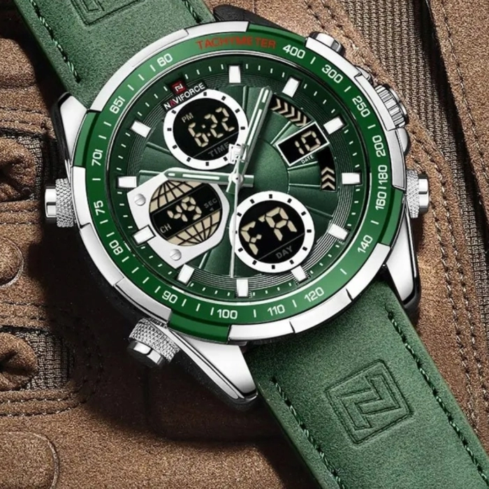 Zegarek męski Naviforce skórzany - analogowo-cyfrowy z datownikiem i stoperem (Zielony)