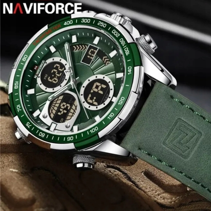 Zegarek męski Naviforce skórzany - analogowo-cyfrowy z datownikiem i stoperem (Zielony)
