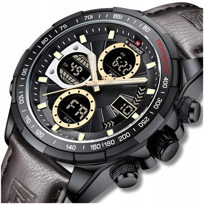 Zegarek męski Naviforce skórzany - analogowo-cyfrowy z datownikiem i stoperem (Brązowo-czarny)