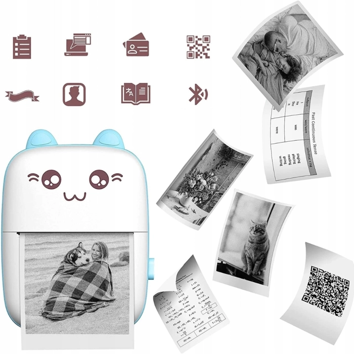 Mini drukarka termiczna i przenośna dla dzieci Drukuś + 10 rolek + Naklejki (Różowa)