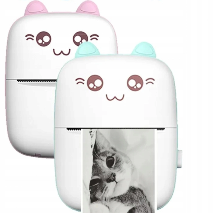 Mini drukarka termiczna i przenośna dla dzieci Drukuś + 10 rolek + Naklejki (Różowa)