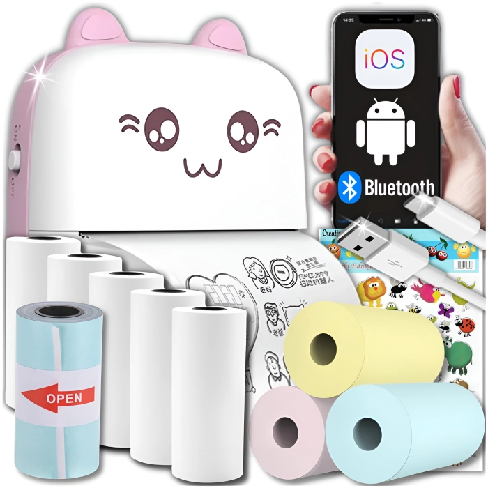 Mini drukarka termiczna i przenośna dla dzieci Drukuś + 10 rolek + Naklejki (Różowa)