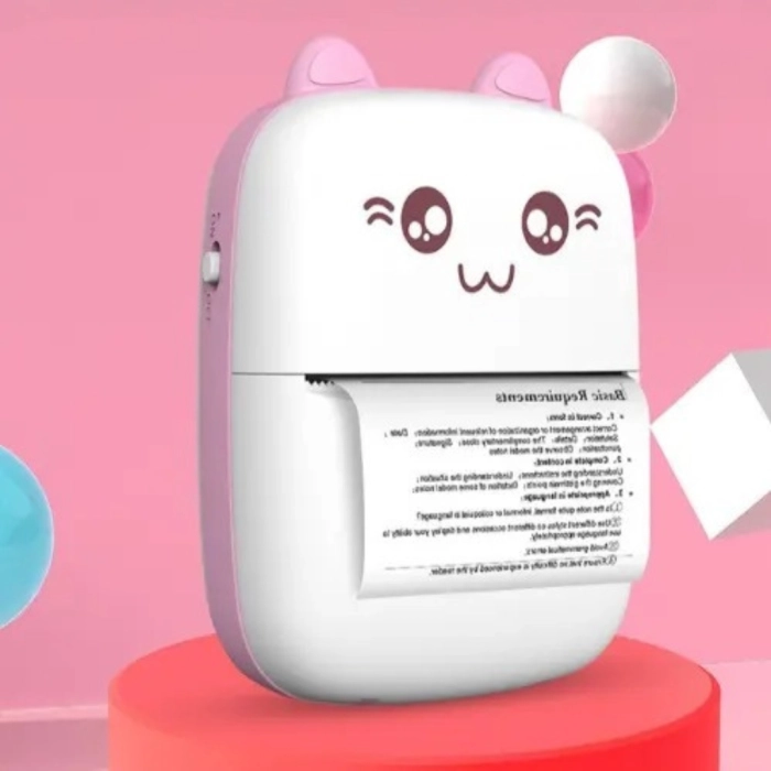 Mini drukarka termiczna i przenośna dla dzieci Drukuś + 10 rolek + Naklejki (Różowa)