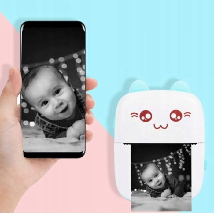 Mini drukarka termiczna i przenośna dla dzieci Drukuś + 10 rolek + Naklejki (Różowa)