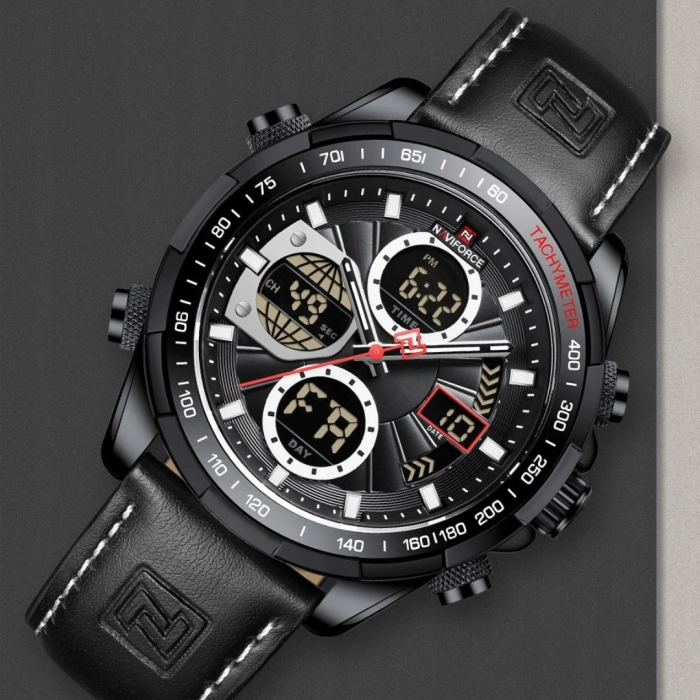 Zegarek męski Naviforce skórzany - analogowo-cyfrowy z datownikiem i stoperem (Czarno-czerwony)