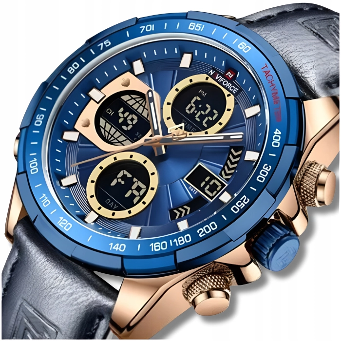 Zegarek męski Naviforce skórzany - analogowo-cyfrowy z datownikiem i stoperem (Granatowy)