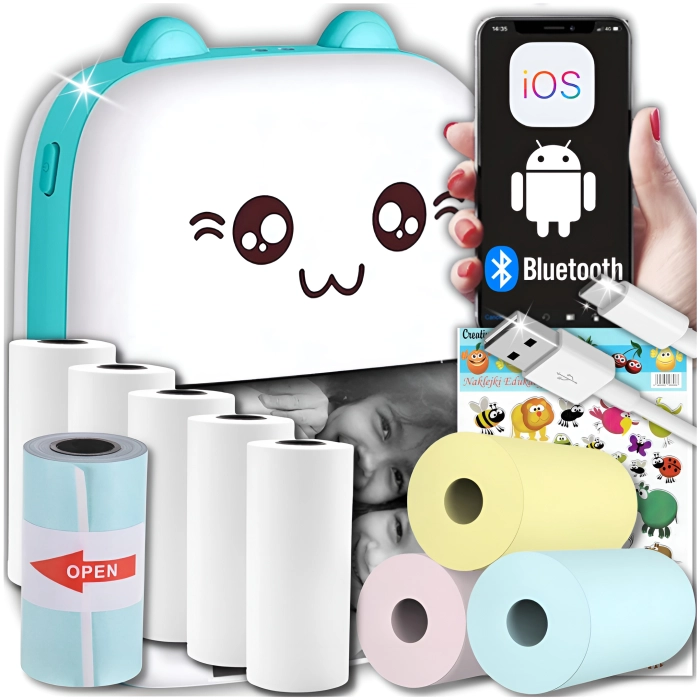 Mini drukarka termiczna i przenośna dla dzieci Drukuś + 10 rolek + Naklejki (Niebieska)
