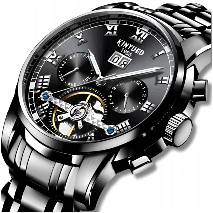 Zegarek mechaniczny automatyczny Kinyued - luksusowy z bransoletą + Pudełko (Czarny)