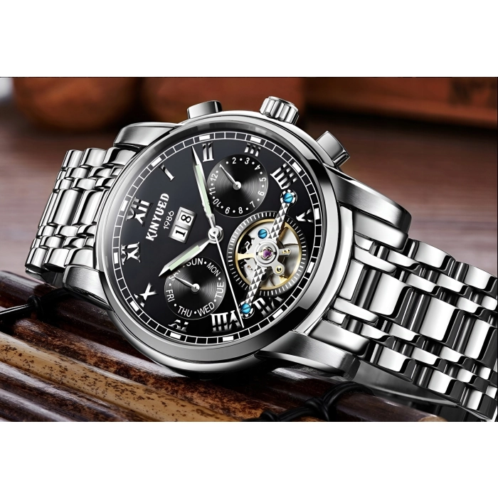 Zegarek mechaniczny automatyczny Kinyued - luksusowy z bransoletą + Pudełko (Srebrno-czarny)