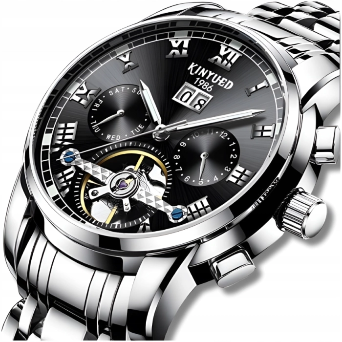Zegarek mechaniczny automatyczny Kinyued - luksusowy z bransoletą + Pudełko (Srebrno-czarny)