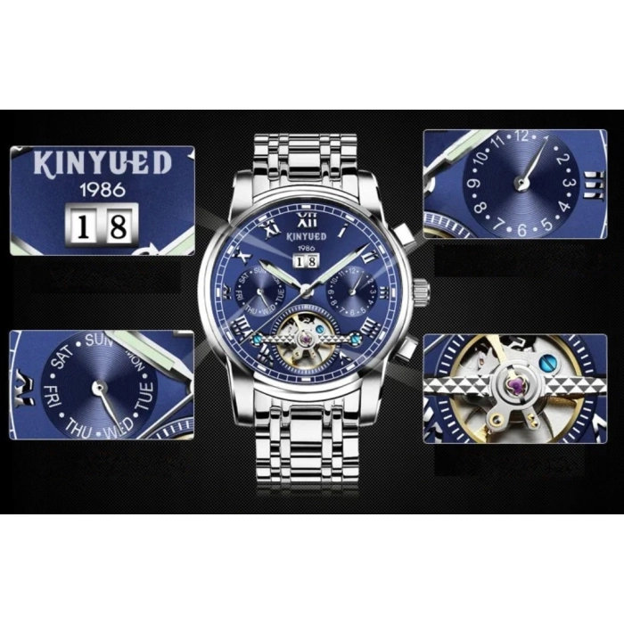 Zegarek mechaniczny automatyczny Kinyued - luksusowy z bransoletą + Pudełko (Srebrno-czarny)