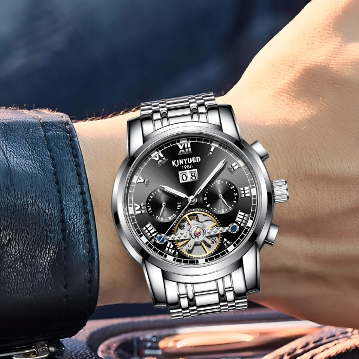 Zegarek mechaniczny automatyczny Kinyued - luksusowy z bransoletą + Pudełko (Srebrno-czarny)