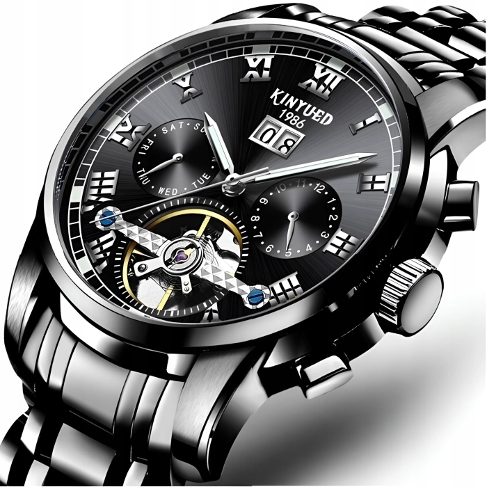 Zegarek mechaniczny automatyczny Kinyued - luksusowy z bransoletą + Pudełko (Srebrno-czarny)
