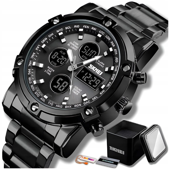 Zegarek męski na bransolecie SKMEI - elegancki z stoperem i datownikiem + Pudełko (Czarny)