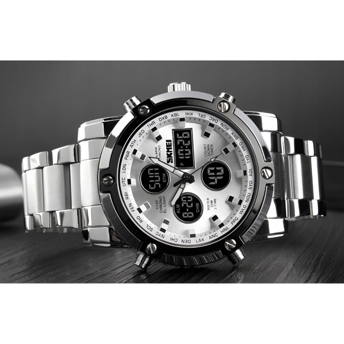 Zegarek męski na bransolecie SKMEI - elegancki z stoperem i datownikiem + Pudełko (Czarny)
