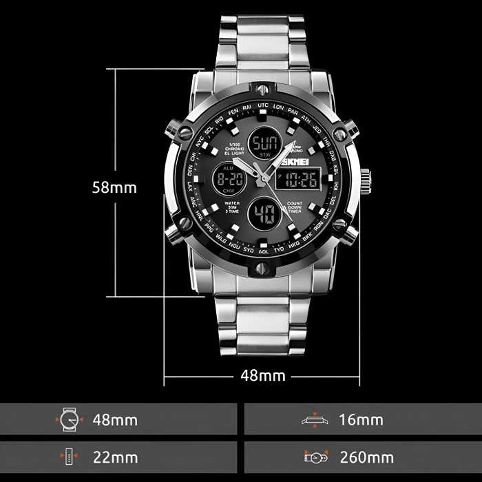 Zegarek męski na bransolecie SKMEI - elegancki z stoperem i datownikiem + Pudełko (Srebrno-biały)