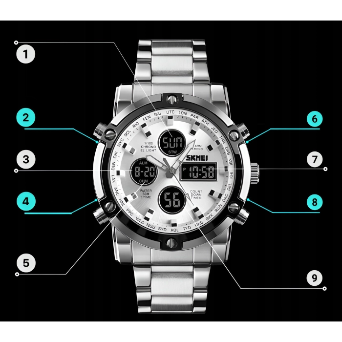 Zegarek męski na bransolecie SKMEI - elegancki z stoperem i datownikiem + Pudełko (Srebrno-biały)
