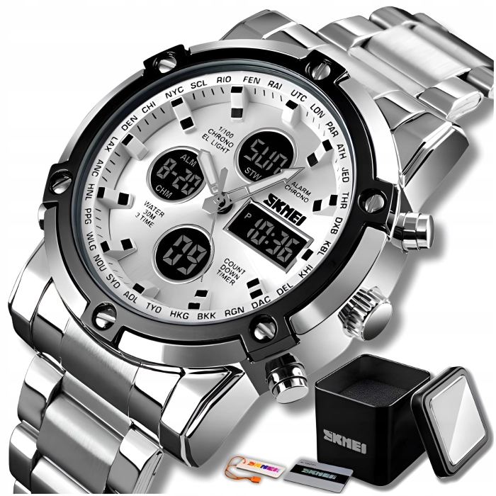 Zegarek męski na bransolecie SKMEI - elegancki z stoperem i datownikiem + Pudełko (Srebrno-biały)