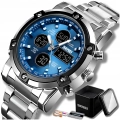 Zegarek męski na bransolecie SKMEI - elegancki z stoperem i datownikiem + Pudełko (Srebrno-niebieski)