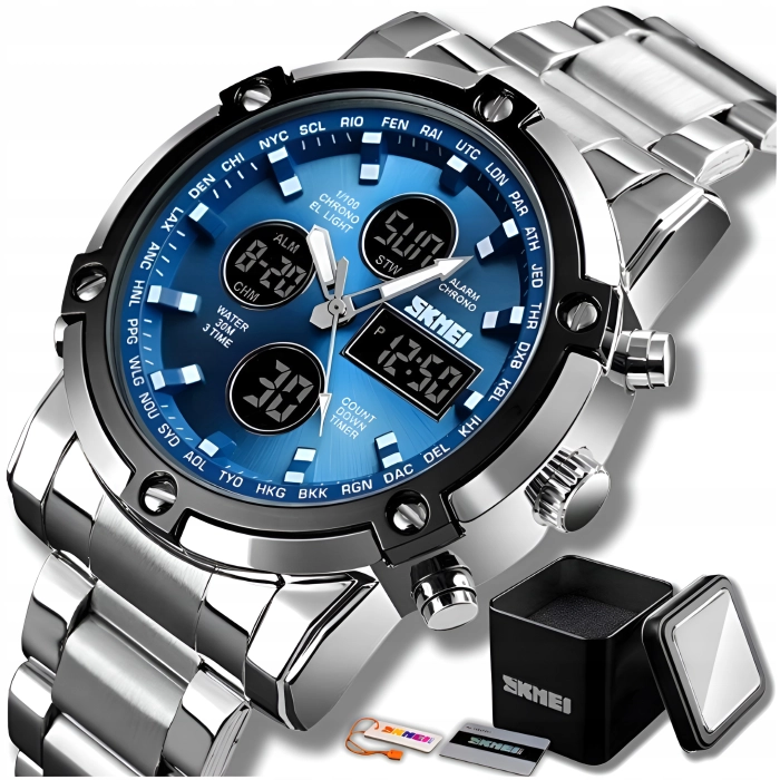 Zegarek męski na bransolecie SKMEI - elegancki z stoperem i datownikiem + Pudełko (Srebrno-niebieski)