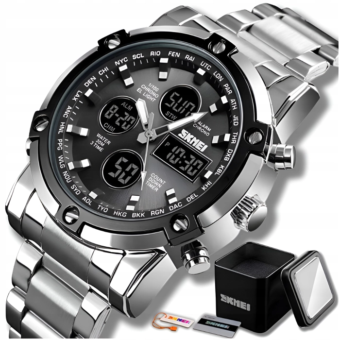 Zegarek męski na bransolecie SKMEI - elegancki z stoperem i datownikiem + Pudełko (Srebrno-czarny)