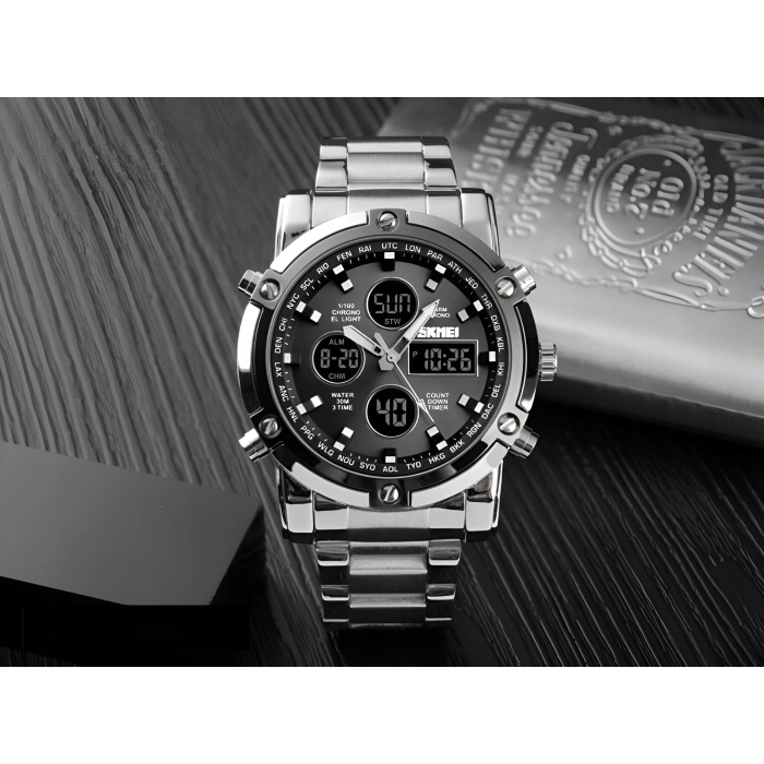 Zegarek męski na bransolecie SKMEI - elegancki z stoperem i datownikiem + Pudełko (Srebrno-czarny)