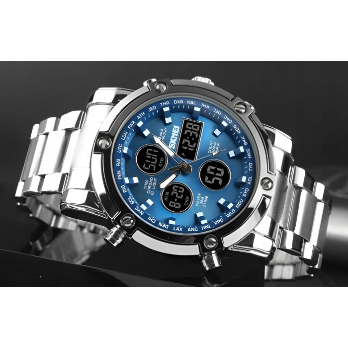 Zegarek męski na bransolecie SKMEI - elegancki z stoperem i datownikiem + Pudełko (Srebrno-czarny)