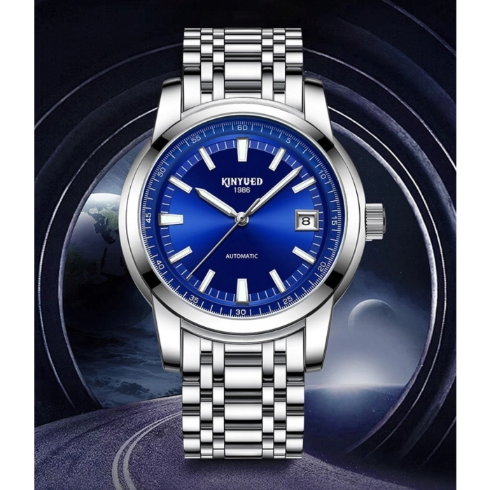 Zegarek automatyczny mechaniczny Kinyued - luksusowy z bransoletą + Pudełko (Srebrno-niebieski)