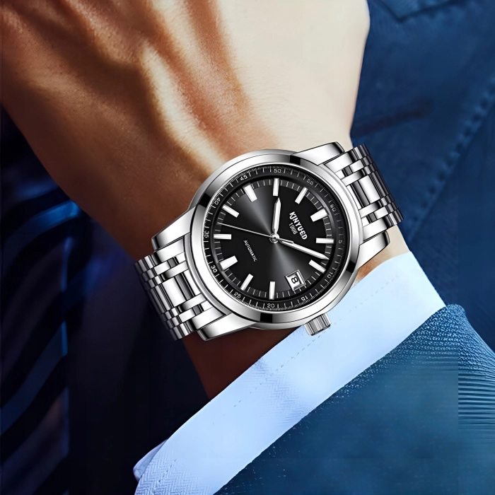 Zegarek automatyczny mechaniczny Kinyued - luksusowy z bransoletą + Pudełko (Srebrno-czarny)